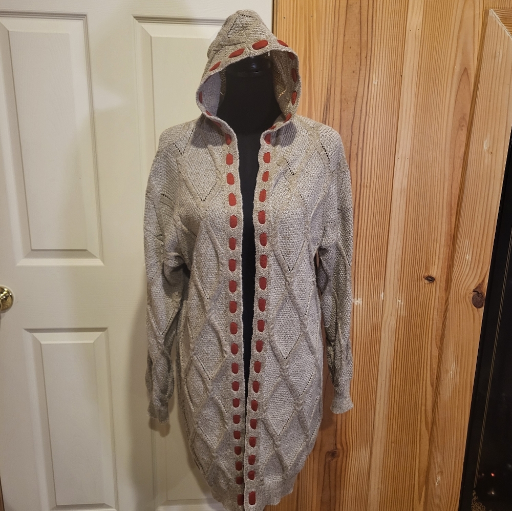 Very soft long, argyle wheat colored cadigan sweater with orange accents. Size M